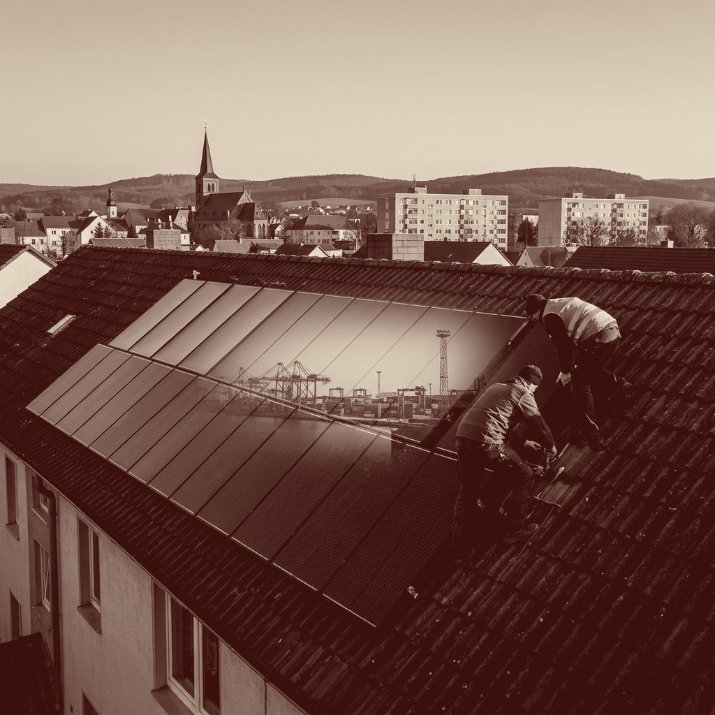duotone: Stilisierte Szene — auf einem deutschen Steildach montieren zwei Handwerker Solarmodule, im Hintergrund eine ostdeutsche Kleinstadt; die Module tragen erkennbar fernöstliche Fertigungsspuren, das Licht kühl und klar; im Spiegel der Glasflächen verschwimmt schemenhaft die Silhouette einer chinesischen Hafenskyline mit Containerkränen