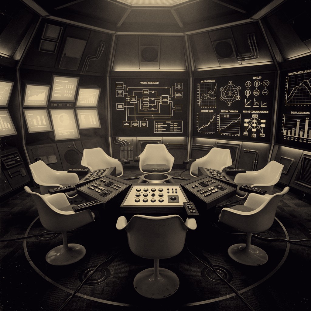 duotone: Der Operations Room von Projekt Cybersyn — ein sechseckiger Kontrollraum mit sieben tulpenförmigen Drehstühlen im Kreis, an den Wänden große Bildschirme mit Produktionsdiagrammen, futuristische Star-Trek-Ästhetik von 1972