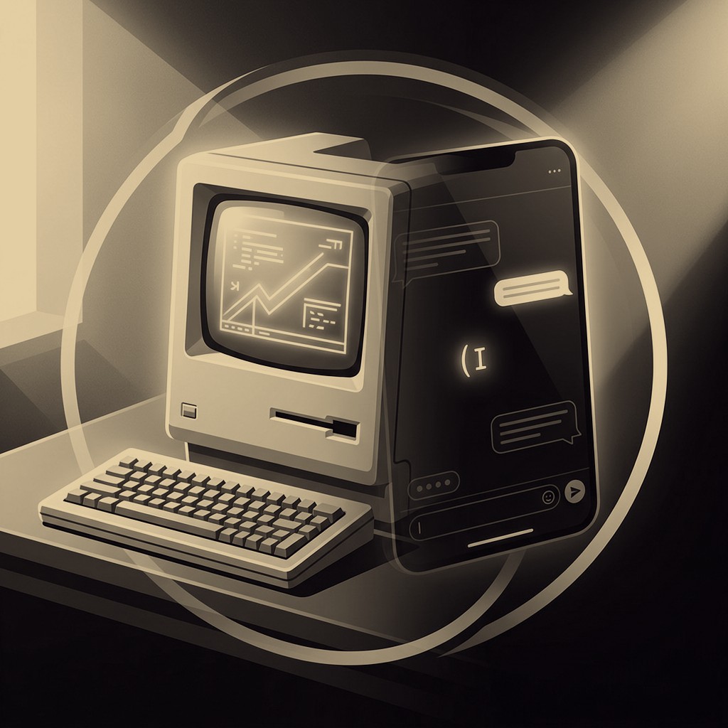 duotone: Ein beiger Heimcomputer im Macintosh-Stil der frühen 1980er auf einem Schreibtisch, auf dem Bildschirm eine aufsteigende Wachstumskurve — der Rechner geht in einer Doppelbelichtung über in ein modernes Smartphone mit Chat-Interface, Sprechblasen und blinkendem Textcursor. Ein leuchtender Kreis umschließt beide Geräte und verbindet sie zu einer Schleife: dasselbe Versprechen, das wiederkehrt