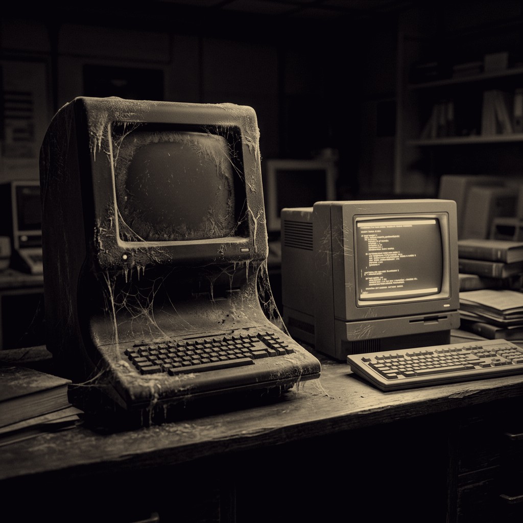 duotone: Eine elegante, schwarze LISP-Maschine aus den 1980ern auf einem Schreibtisch, daneben ein billiger grauer Standard-Workstation-Kasten — der teure Spezialrechner ist von Spinnweben und einer dünnen Frostschicht überzogen, der günstige läuft und wirft Licht: das Bild eines Hardware-Markts, der in einem einzigen Jahr verschwand