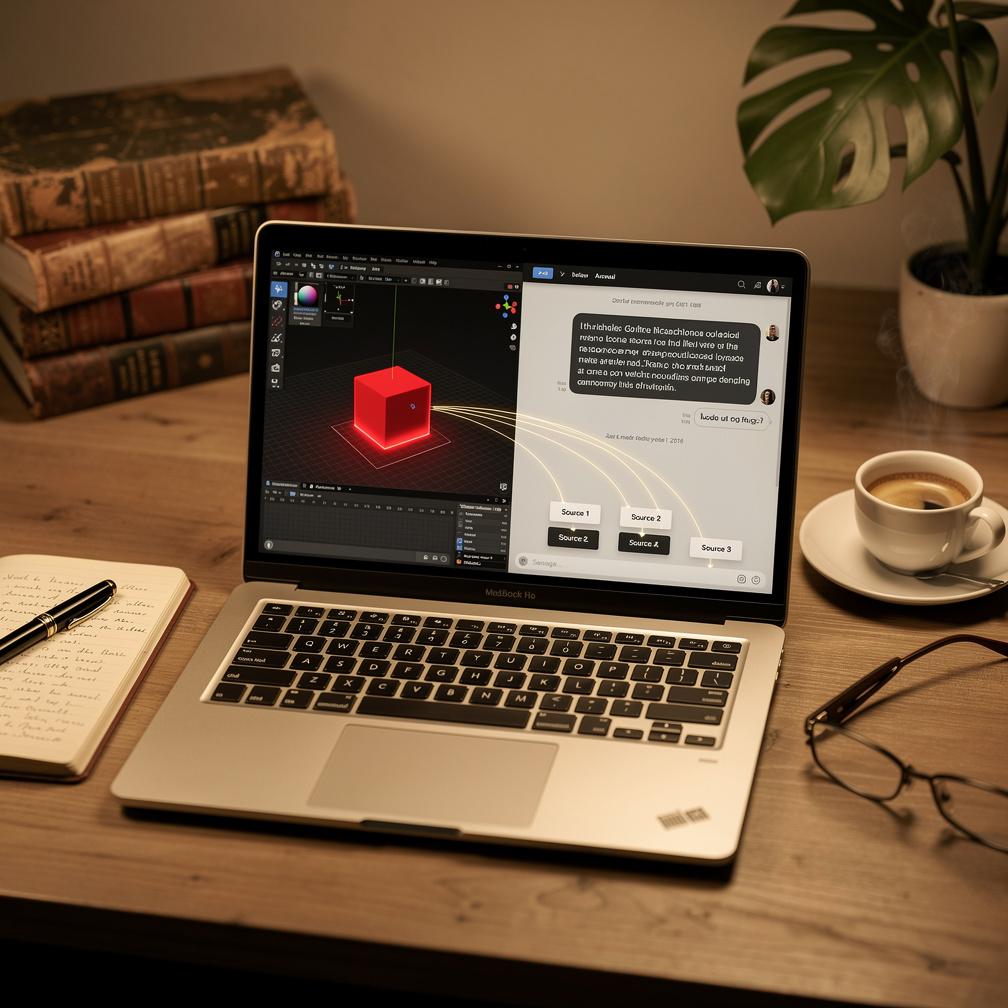 duotone: Ein aufgeklappter, schlanker Linux-Laptop aus mattem Aluminium — silbrig-graues Unibody-Gehäuse, dünne Displayränder, ohne sichtbares Logo oder Markenzeichen — auf einem warmen Holzschreibtisch. Das Display ist in zwei Hälften geteilt: links ein 3D-Programm mit einem einzelnen, leuchtend roten Würfel in der Szene, rechts ein Recherche-Chat mit einer fertigen Antwort und kleinen Quellen-Chips darunter. Aus dem Chatfenster ziehen feine helle Linien hinüber zum Würfel und zu den Quellen, als steuere der Rechner beides selbst. Daneben ein aufgeschlagenes Notizbuch mit Füller, eine Lesebrille und eine dampfende Espressotasse, im Hintergrund alte Hardcover-Bücher und eine kleine Zimmerpflanze. Warme Sepia-Duotone, alles bleibt auf dem Schreibtisch — kein Fenster nach draußen, keine Wolke; der einzige kräftige Farbakzent ist das Rot des Würfels