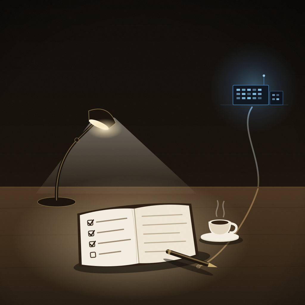 duotone (warmes Sepia): Ein schlichter Schreibtisch bei Nacht, nur eine Lampe brennt. Auf dem Tisch liegt kein Rechner, sondern ein aufgeschlagenes Notizbuch, in dem eine unsichtbare Hand eine Liste abhakt. Von der Tischkante zieht ein einzelnes dünnes Kabel aus dem Bild hinaus in die Dunkelheit, wo weit entfernt, klein und kühl-blau, ein Rechenzentrum leuchtet – das gemietete Gehirn. Zwischen Notizbuch und fernem Rechenzentrum spannt sich das Kabel wie eine Nabelschnur; alles Warme (Papier, Füller, Espressotasse) bleibt auf dem Schreibtisch, das Kalte (Server) bleibt draußen. Kein Fenster, keine Wolke – nur die eine Leitung.
