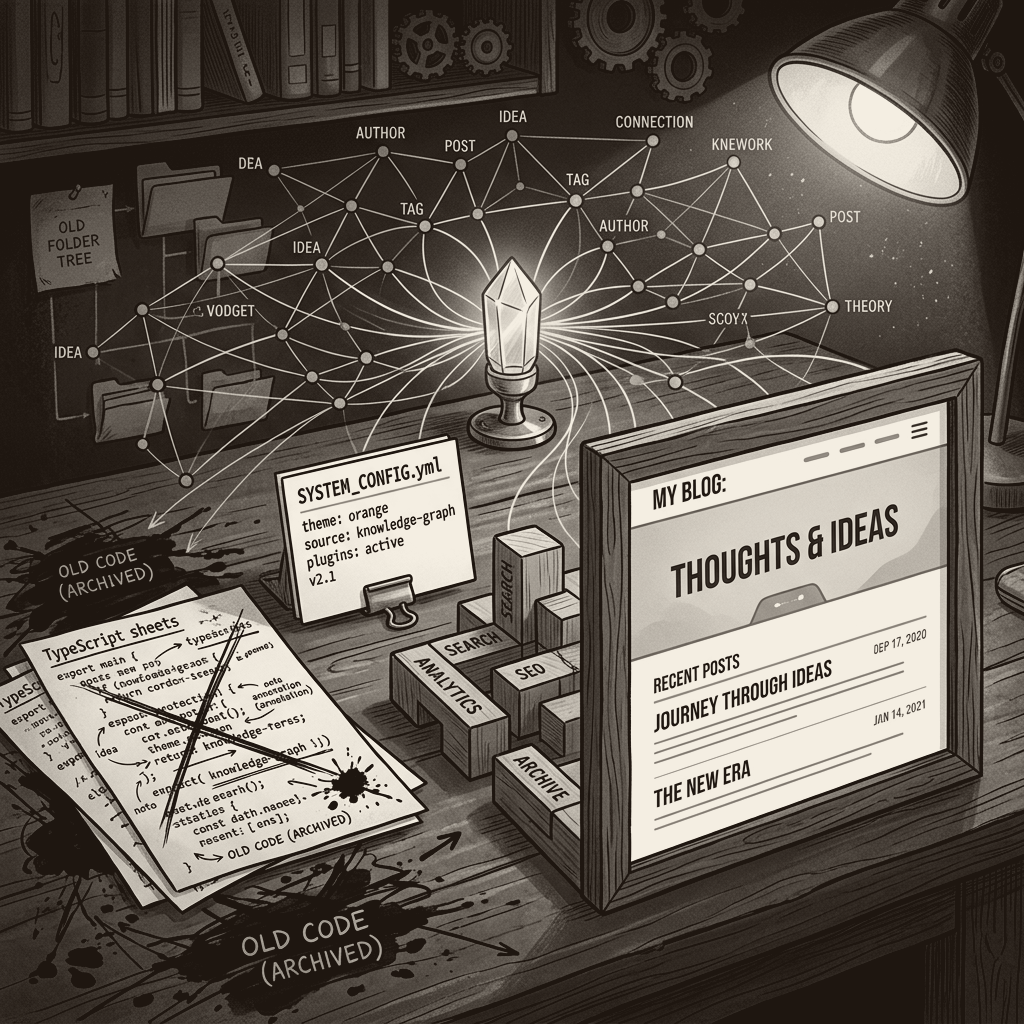 duotone: Werkstattszene auf dunklem Holztisch – rechts die fertige Blog-Fassade „Thoughts & Ideas" mit Orange-Akzent, links beiseitegeschobene, durchgestrichene TypeScript-Blätter („Old Code, archived"), in der Mitte eine SYSTEM_CONFIG.yml-Karte und modulare Plugin-Bausteine (Search, SEO, Analytics, Archive), darüber ein leuchtender Knowledge-Graph, der den alten Ordnerbaum ersetzt – im Zentrum ein Quarzkristall, der das Ganze trägt.